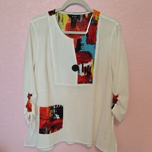 Ali Miles Red and White Graphic Blouse with Bib Collar